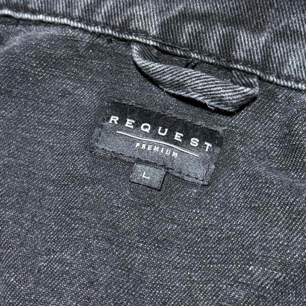 Request Premium Distressed Black Denim Jacket L Grunge Y2K Punk Cotton - Picture 7 of 8